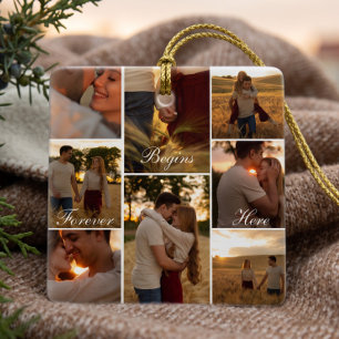 Eerste kerst verlovingsfotocollage-souvenir keramisch ornament