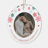 Eerste kerst verwacht 2 zwangerschapsfoto's rood keramisch ornament (Links)