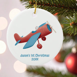 Eerste kerst Vintage vliegtuig Rood Blauw Piloot J Keramisch Ornament