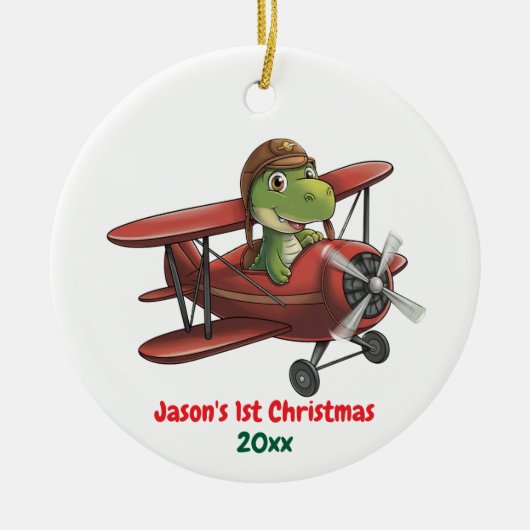 Eerste kerst vliegtuig en dinosaurus piloot schatt keramisch ornament (Voorkant)