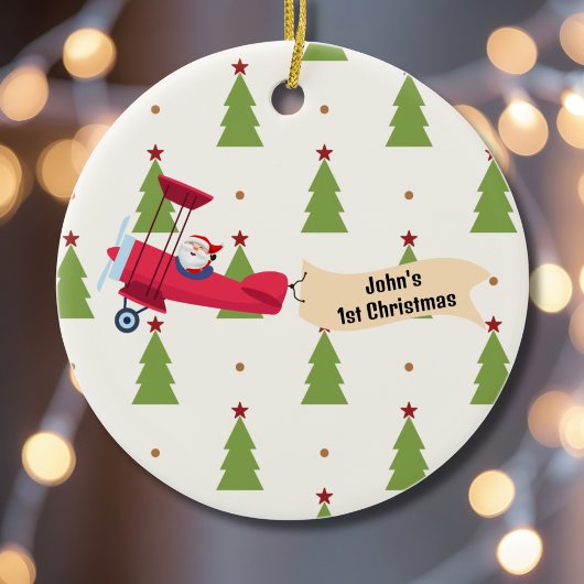 Eerste kerst vliegtuig en kerstboom jongen op maat keramisch ornament