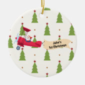 Eerste kerst vliegtuig en kerstboom jongen op maat keramisch ornament (Voorkant)