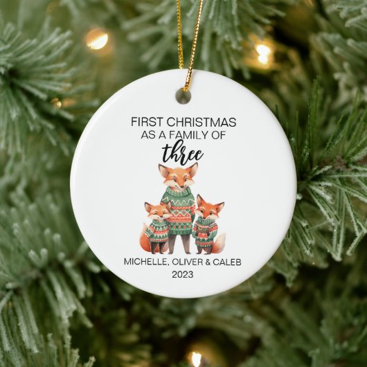 Eerste kerst vos familie van drie keramisch ornament (Boom)