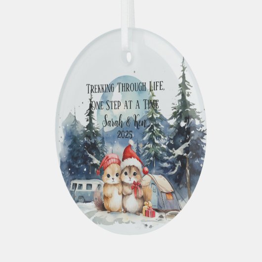 Eerste Kerst Waterverf Camping Passen getrouwd Glas Ornament (Voorkant links)