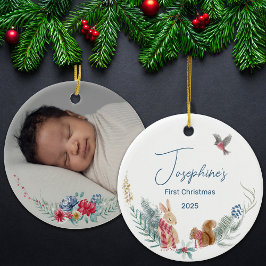 Eerste kerst Woodland Animal Baby Foto Keramisch Ornament