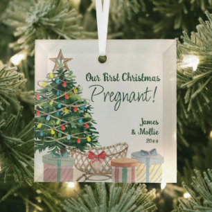 Eerste kerst Zwangere Kerstboom en Kribbe Glas Ornament