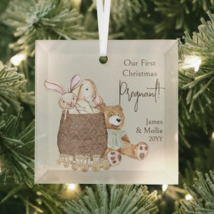 Eerste kerst zwangere teddybeer en speelgoedmand glas ornament