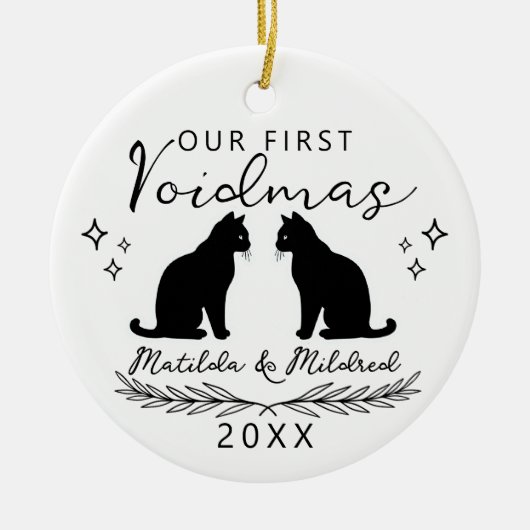 Eerste Kerst Zwarte Kat Familie Keramisch Ornament (Voorkant)