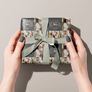 Eerste Kerst zwarte rendier elegante multi foto Cadeaupapier