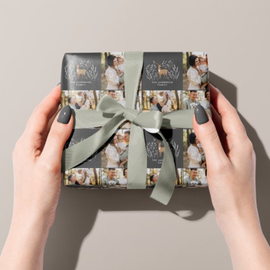 Eerste Kerst zwarte rendier elegante multi foto Cadeaupapier