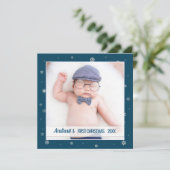 Eerste kerstbaby blauw sneeuwvlokken kaart (Staand voorkant)