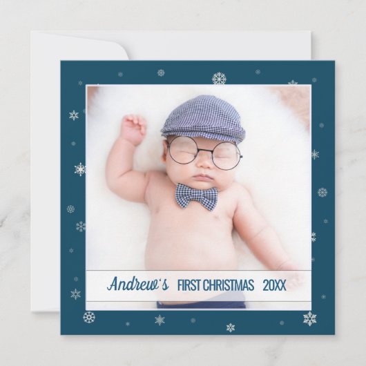 Eerste kerstbaby blauw sneeuwvlokken kaart (Voorkant)