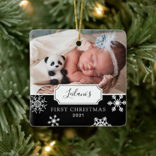 Eerste kerstBaby Foto: Sneeuw Black Keramisch Ornament