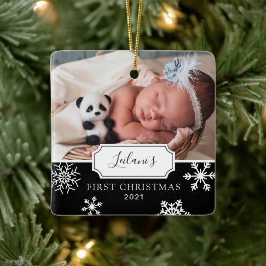 Eerste kerstBaby Foto: Sneeuw Black Keramisch Ornament (Boom)