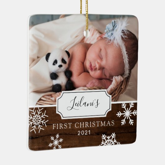 Eerste kerstBaby Foto Sneeuwhout Keramisch Ornament (Rechts)
