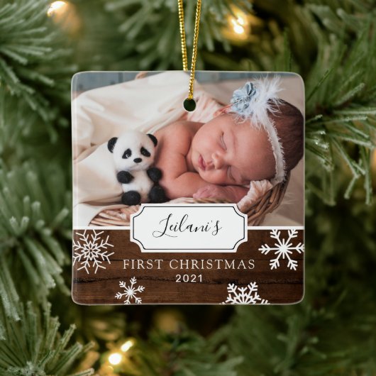 Eerste kerstBaby Foto Sneeuwhout Keramisch Ornament (Boom)