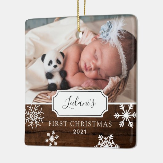 Eerste kerstBaby Foto Sneeuwhout Keramisch Ornament (Links)
