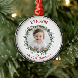 Eerste Kerstbaby's Fotoherinnering Metalen Ornament