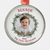 Eerste Kerstbaby's Fotoherinnering Metalen Ornament (Voorkant)
