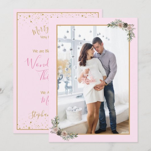 Eerste kerstbevalling Meisje Roze Moderne Floral F Kaart (Voorkant / Achterkant)