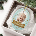 Eerste kerstblauw Baby Foto & Name Snow Wereldbol Keramisch Ornament<br><div class="desc">Magische gouden sneeuw wereldbol en gouden magische sterren, eerste kerstfoto keepastisch ornament. Het ornament van de blauw en gouden wereldbol van de eerste kerstsneeuw van de baby kan worden aangepast met de naam van de baby, het jaar, en één foto op de voorkant en één op de achterkant. Oorspronkelijk met...</div>