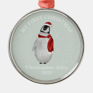 Eerste Kerstblauw jongetje Penguin Snow Metalen Ornament