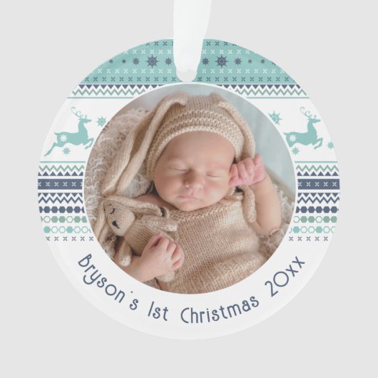 Eerste kerstblauwe renrenrendiertje voor baby op m ornament (voorkant)