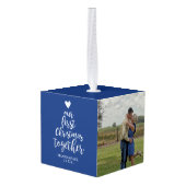 Eerste kerstblauwe zilver-fotokubus decoratie (Achter hoekig)