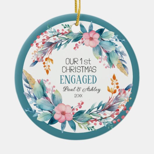 Eerste Kerstbloem verloofde Fotodatum Keramisch Ornament (Voorkant)
