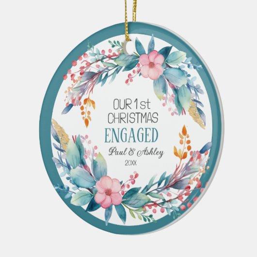 Eerste Kerstbloem verloofde Fotodatum Keramisch Ornament (Links)