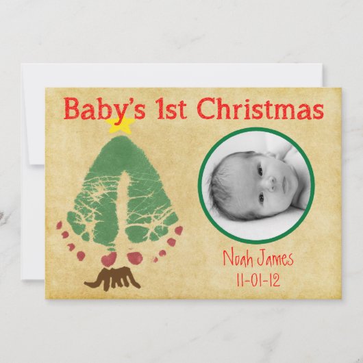 Eerste kerstboom met kerstcadeautjes voor baby's feestdagenkaart (Voorkant)