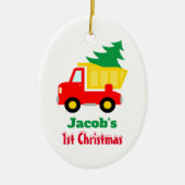 Eerste kerstboom voor baby op rode vrachtwagen, aa keramisch ornament (Voorkant)