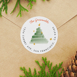 Eerste kerstboomruitadres Waterverf Ronde Sticker