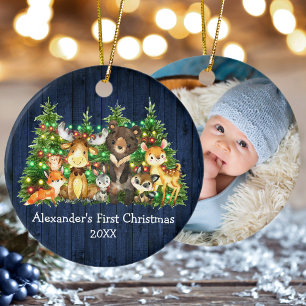 Eerste Kerstbos Dieren Lichten Blauw FOTO Keramisch Ornament