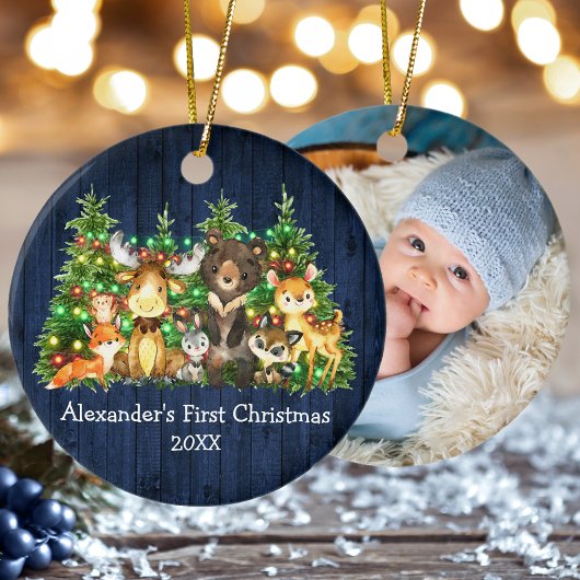 Eerste Kerstbos Dieren Lichten Blauw FOTO Keramisch Ornament