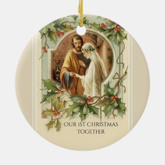 Eerste kerstbride Groom Maagd Maria Kathokatholiek Keramisch Ornament (Achterkant)