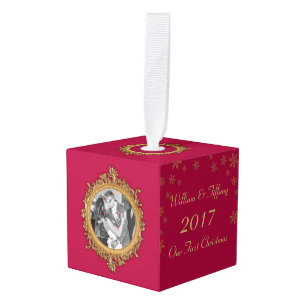 Eerste kerstbruiloft Foto Cube Ornament