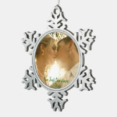 Eerste kerstbruiloft Foto Snowflake Pewter Chr Tin Sneeuwvlok Ornament (Rechts)