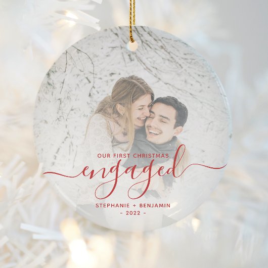 Eerste kerstcadeau Foto met helder rood script Keramisch Ornament