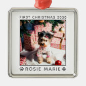 Eerste kerstcadeau Foto naam jaar Aangepast Metalen Ornament (Voorkant)