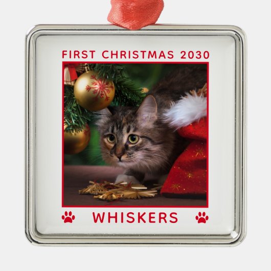 Eerste kerstcadeau Fotonaam jaar Aangepast Metalen Ornament (Voorkant)