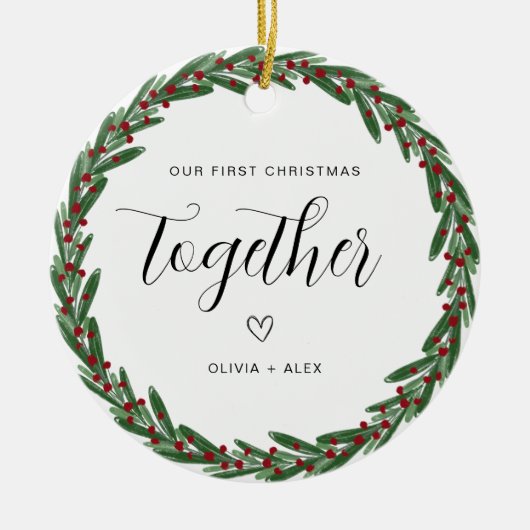 Eerste kerstcadeau samen met kerstpaar keramisch ornament (Voorkant)