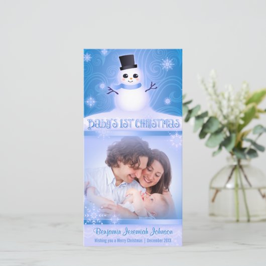 Eerste kerstcadeau voor baby's Snowman Blue Feestdagenkaart (Staand voorkant)