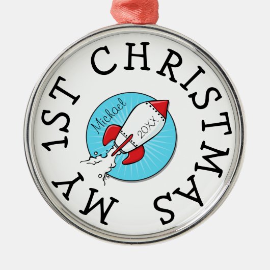 Eerste kerstcadeau voor Kinder Retro Rocketship-se Metalen Ornament (Voorkant)