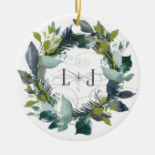 Eerste kerstcadeau Waterverf met groot monogram Keramisch Ornament (Voorkant)