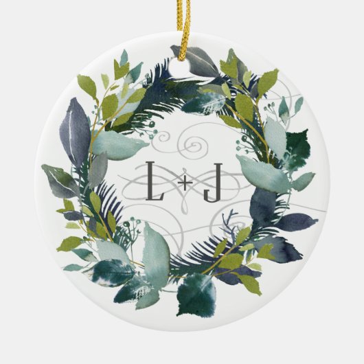 Eerste kerstcadeau Waterverf met groot monogram Keramisch Ornament (Voorkant)