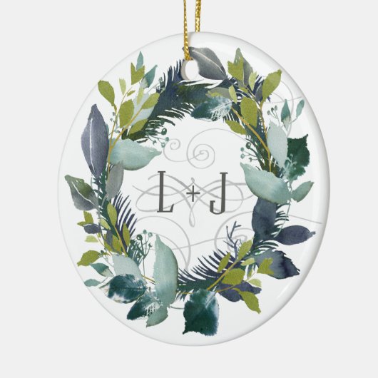 Eerste kerstcadeau Waterverf met groot monogram Keramisch Ornament (Links)