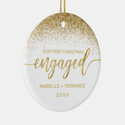Eerste kerstcadeaufoto met Gold Glitter Script Keramisch Ornament (Rechts)