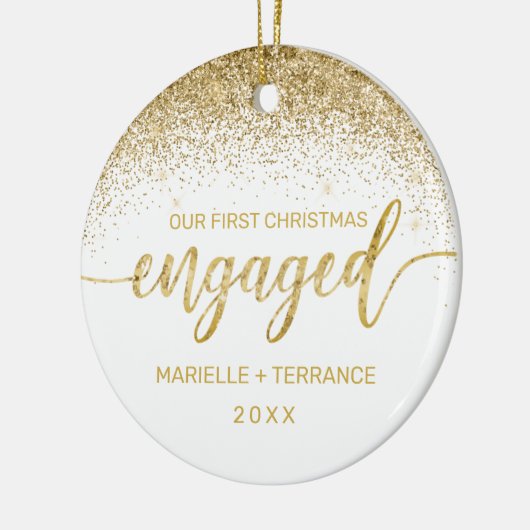 Eerste kerstcadeaufoto met Gold Glitter Script Keramisch Ornament (Links)