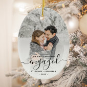 Eerste kerstcadeautje Aangepaste foto Zwart script Keramisch Ornament